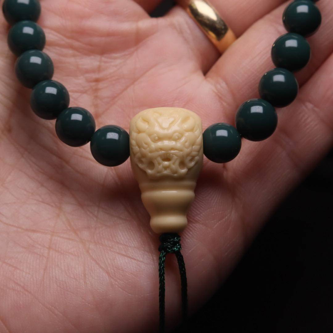 天然金膏玉玉化仿古兽面三通貔貅一体佛头佛珠佛珠