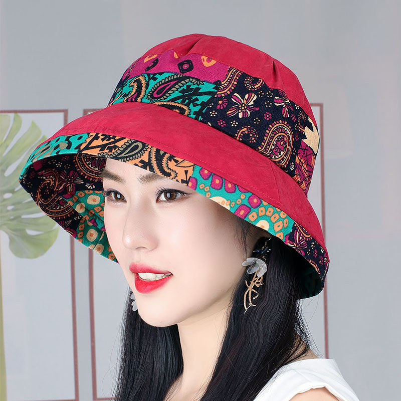 中老年妈妈春夏薄款民族风盆帽女百搭洋气印花卷边帽子