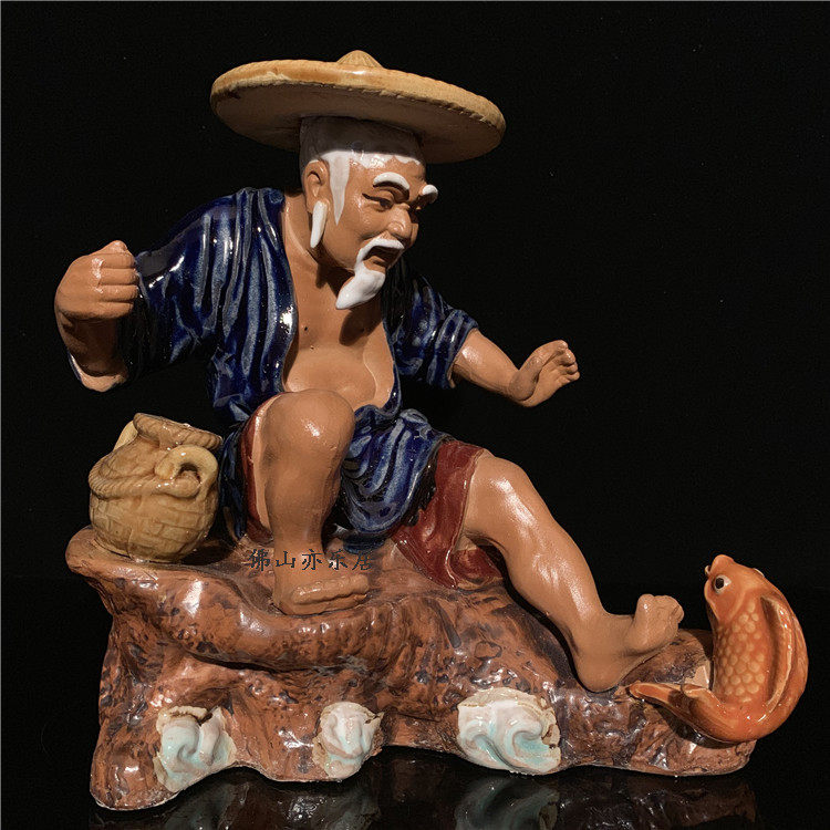 石湾公仔陶瓷渔翁摆件客厅电视柜假山盘景鱼缸姜太公钓鱼摆件
