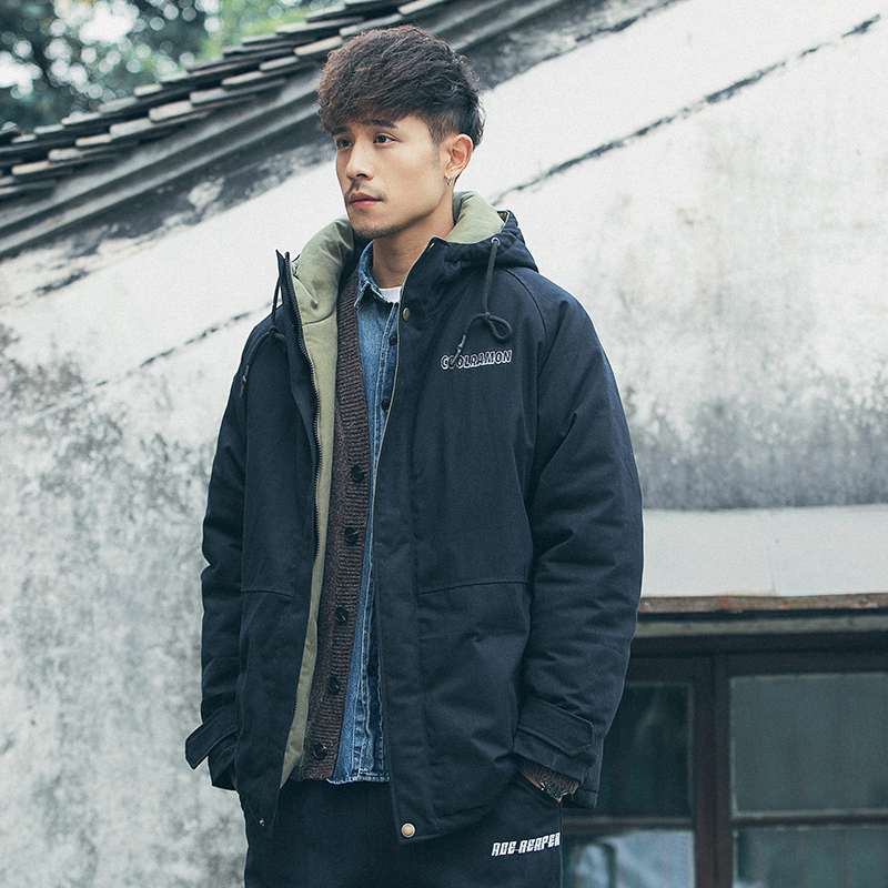 劳尔冬季新款连帽潮牌羽绒棉衣男日系中长款宽松纯色棉服加厚外套