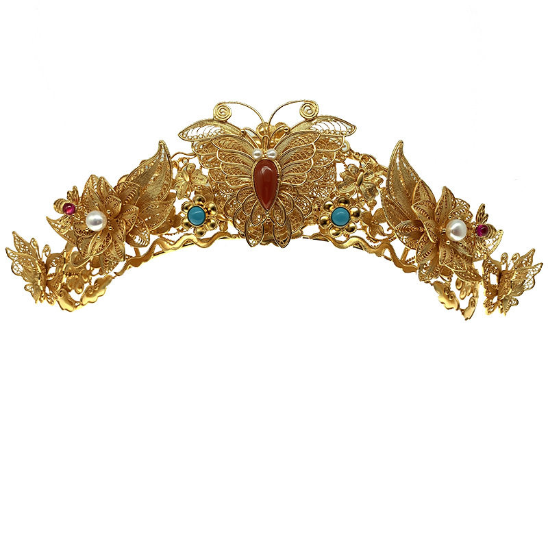 蜂蝶中式古风原创发冠花丝镶嵌银镀金头饰汉服花钿皇冠明制发饰