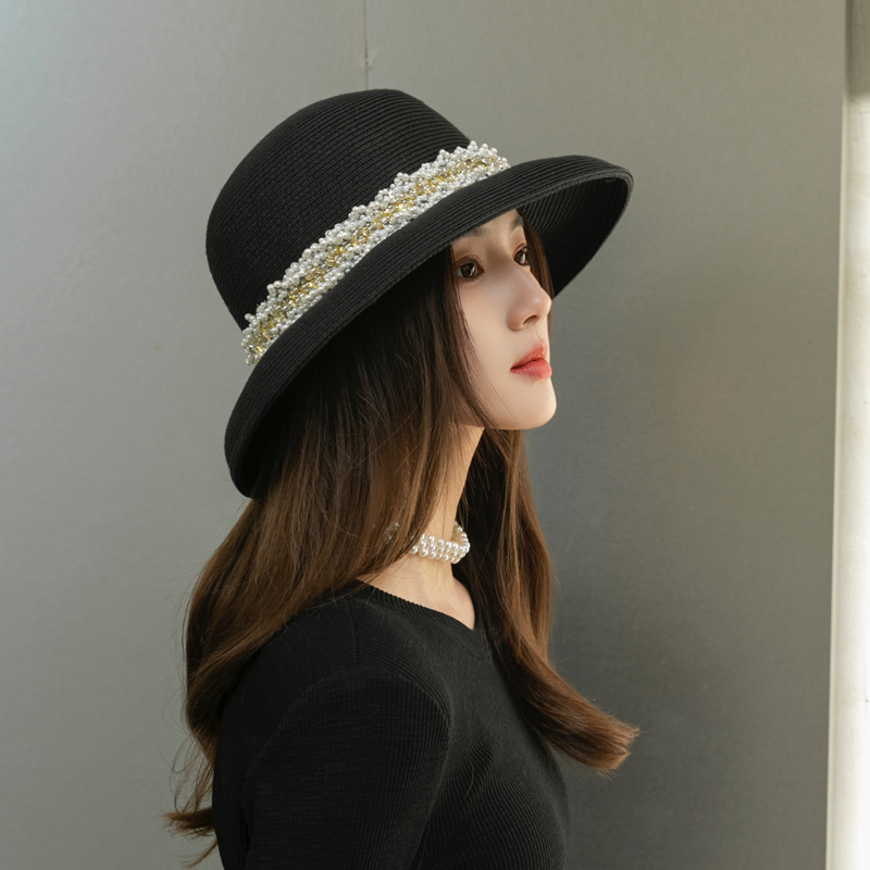 春夏优雅珍珠钻石赫本帽子草编大檐防晒圆顶帽子
