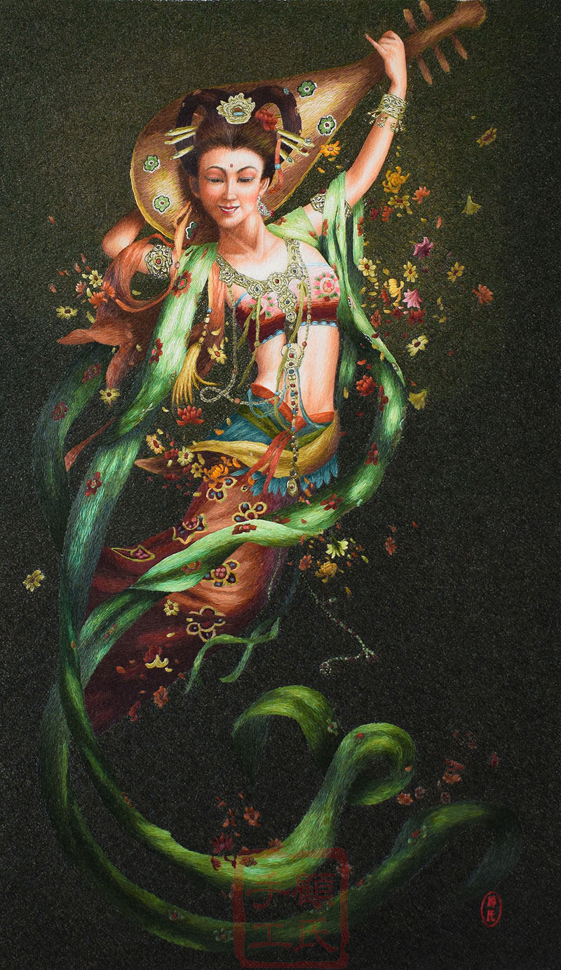 刺绣顾氏苏州挂画敦煌飞天琵琶女纯手工人物苏绣