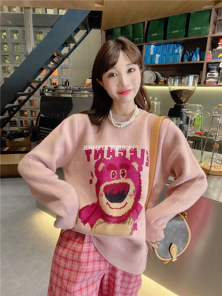 jennifer针织衫加厚宽松图案提花jxliu熊提花调皮粉红色毛衣