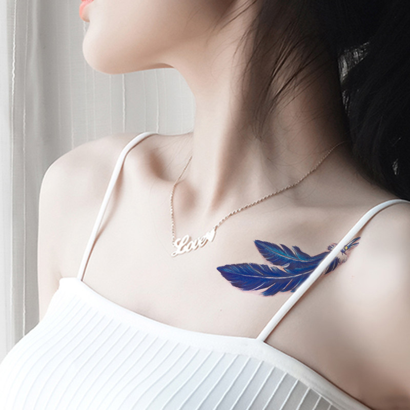 蓝色羽毛纹身贴女防水持久图案脚踝手臂男潮身体彩妆