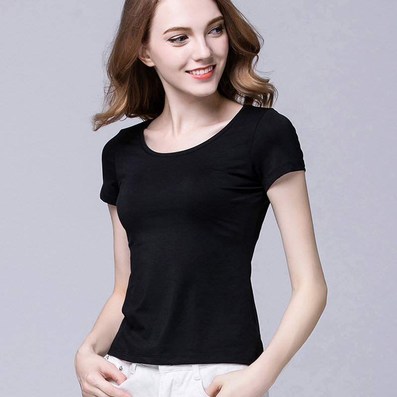2020新款夏黑白色短袖t恤女修身显瘦莫代尔棉半袖打底衫紧身上衣