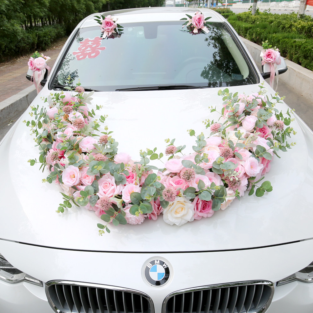 结婚车队花u型车花装饰婚车花头车拉花车头套装仿真立体结婚花车
