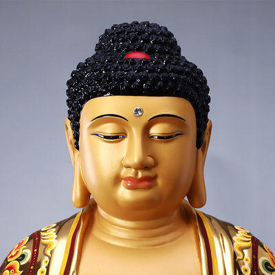 秦歌铜雕贴金彩绘释迦牟尼佛铜像三宝如来佛祖供奉娑婆三圣摆件