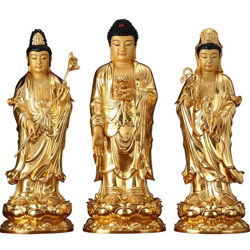 佛像秦歌真金西方三圣铜像站像客厅供奉观音摆件