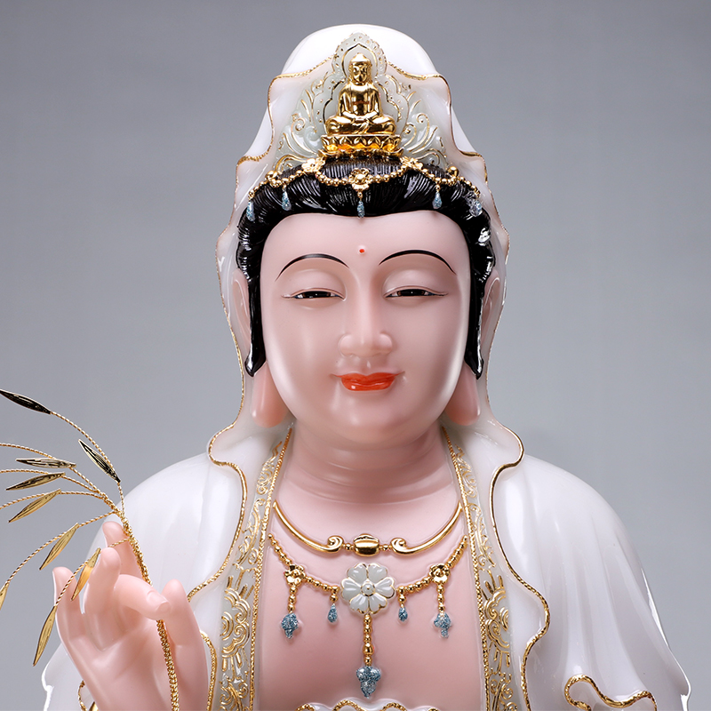 秦歌汉白玉坐云笑眼观音菩萨神像家居客厅供奉摆件