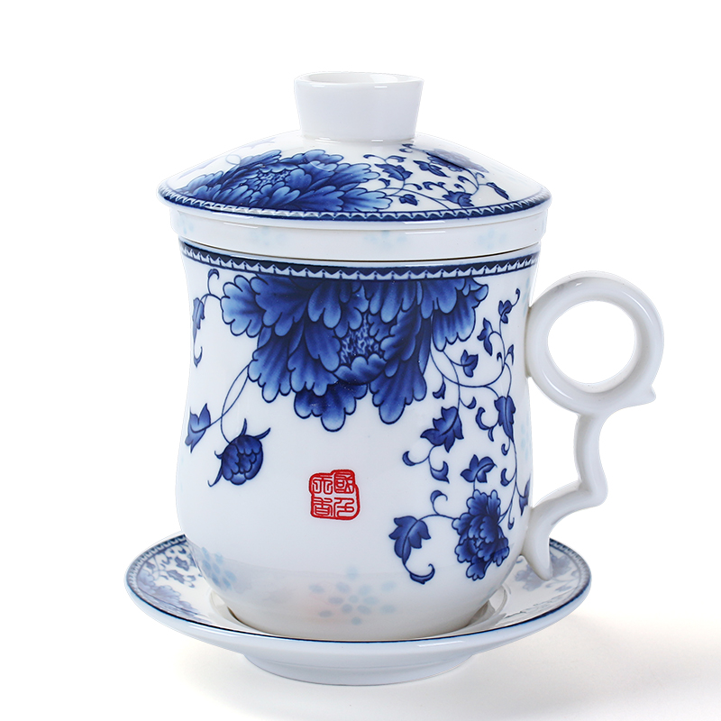 青花瓷陶瓷办公杯四件套杯子带盖含过滤个人水杯茶杯礼品杯会议杯