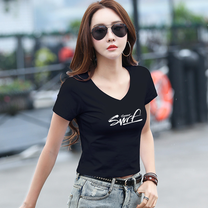白色t恤女短袖v领漏肚脐高腰短款夏装紧身修身露脐上衣服2019新款