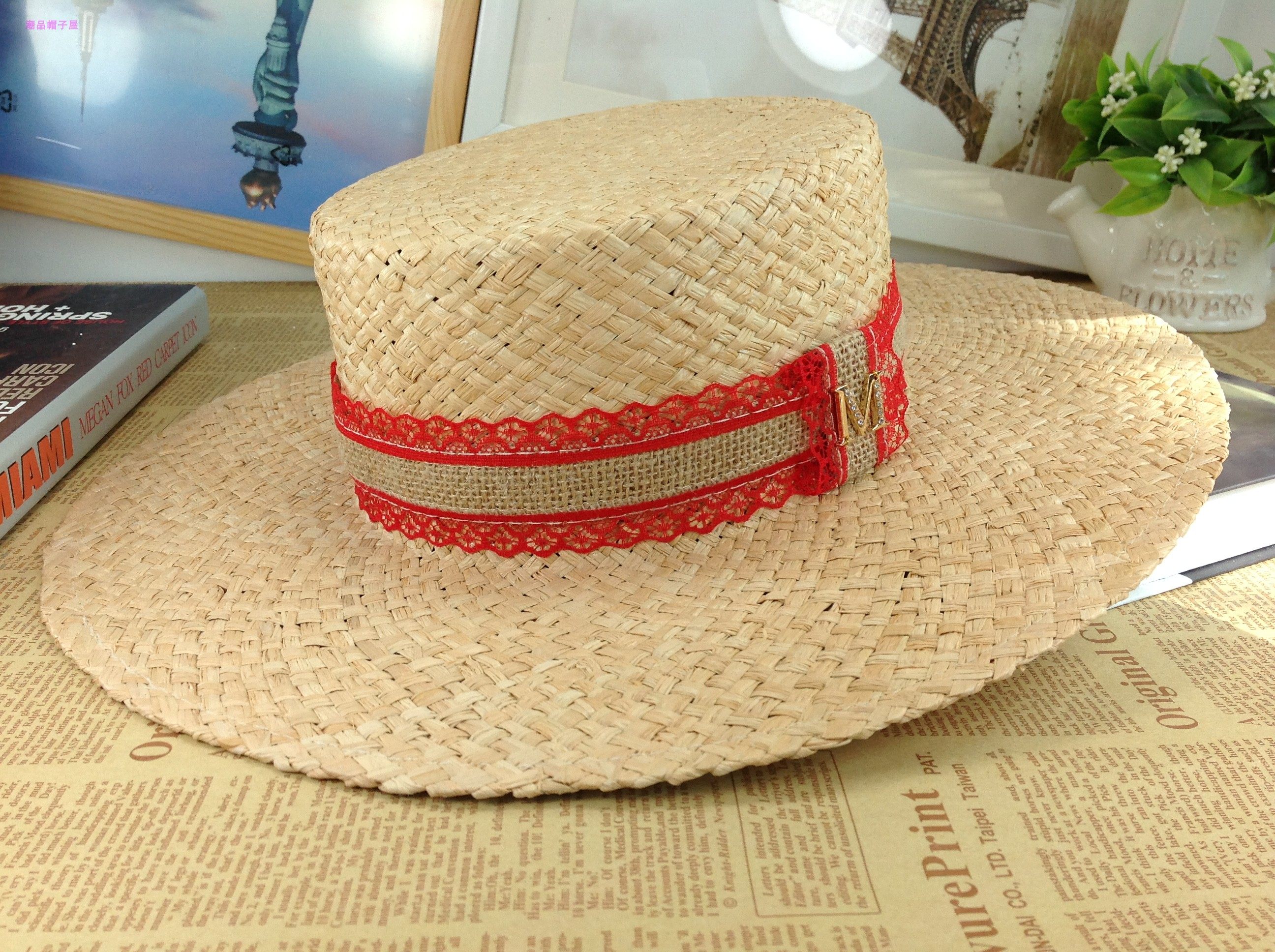 韩日小清新蕾丝蕾丝花花边镶钻金属拉菲草平顶大檐帽子