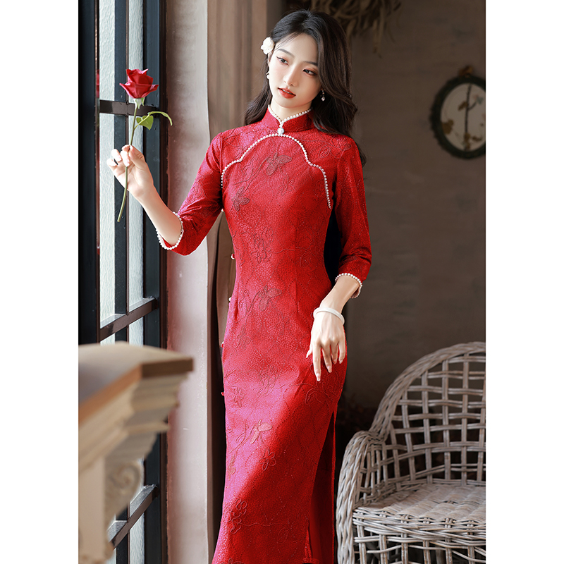 红色旗袍敬酒服女秋冬2022年新款结婚气质长袖旗袍
