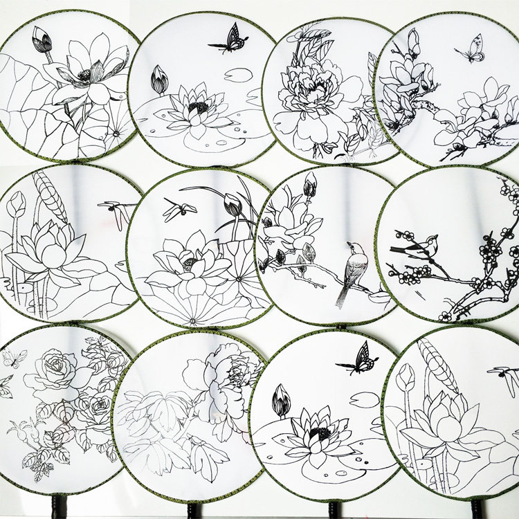 涂色团扇国粹京剧脸谱线稿绘画填色工笔国画花鸟生肖艺术空白圆扇