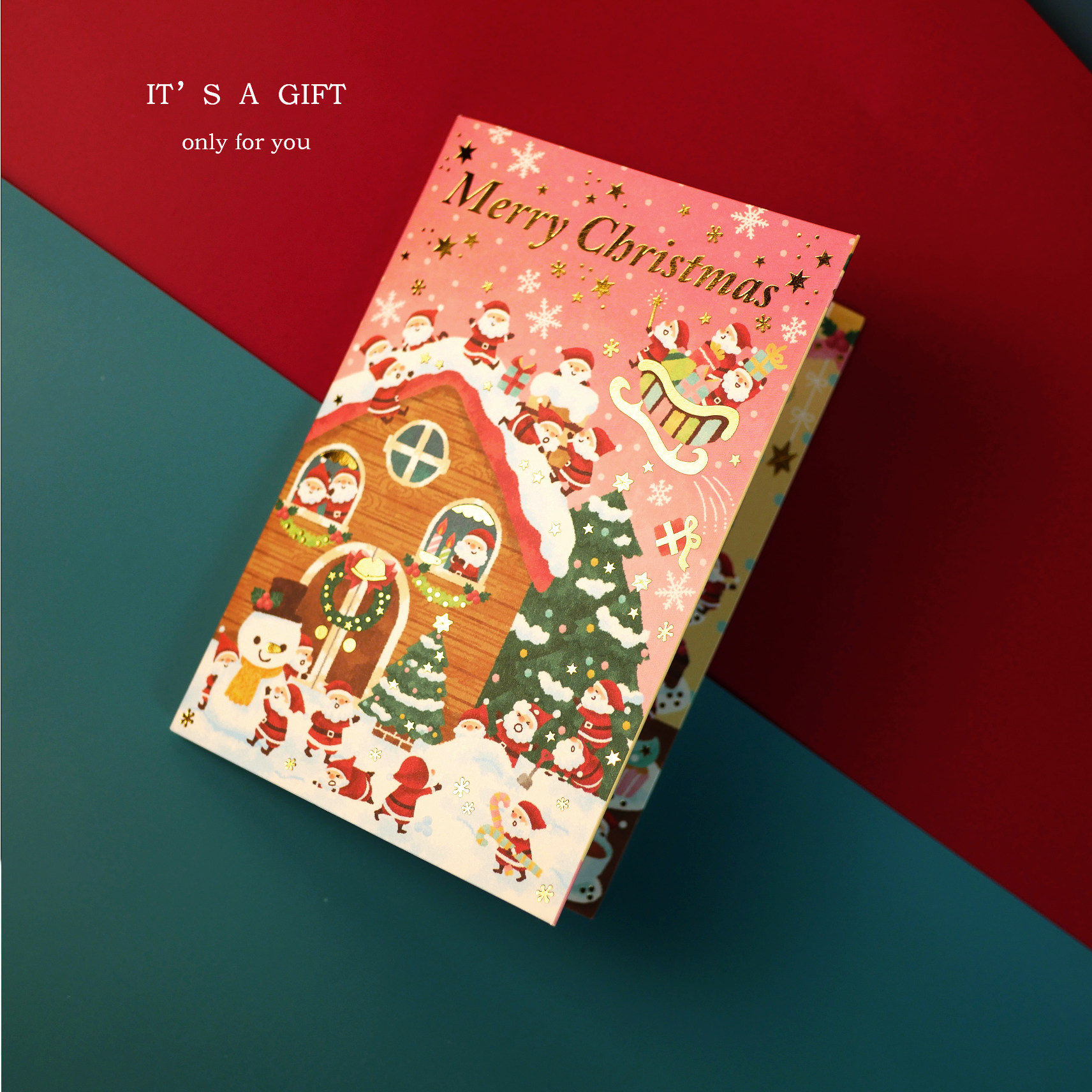 日本展开立体烫金圣诞老人房子场景折叠小众学研贺卡