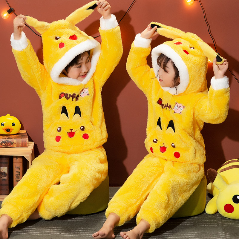 儿童睡衣珊瑚瑚绒卡通可爱皮卡丘男女小孩加厚睡衣