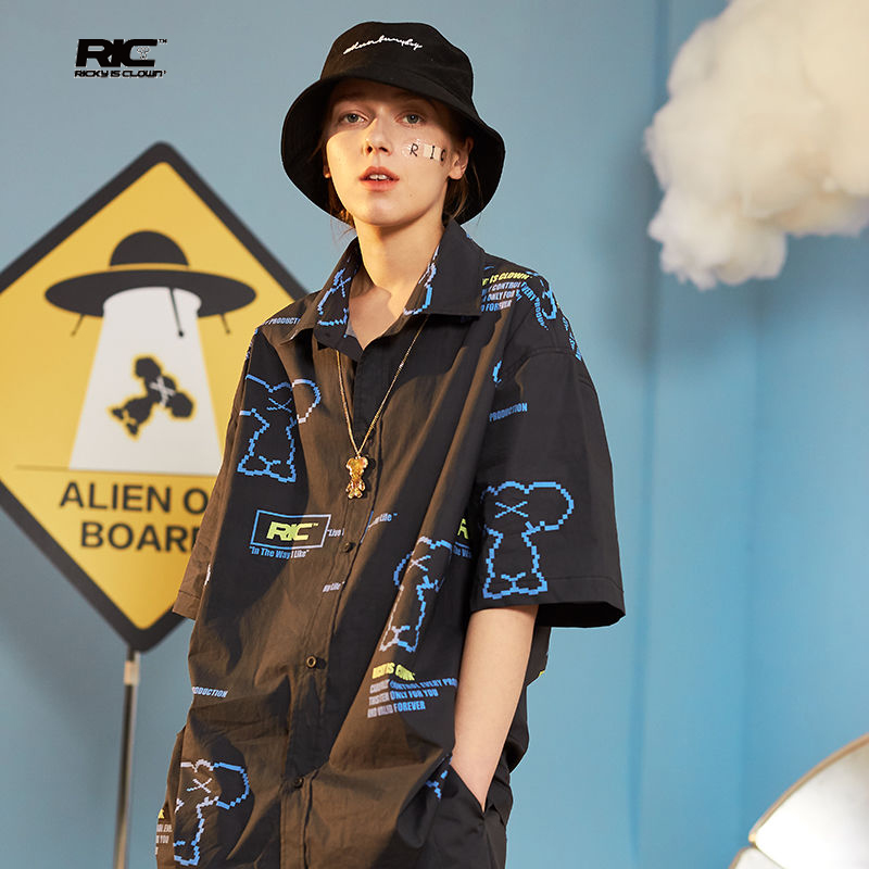 RickyisClown小丑联名RICHBEAR小熊短袖衬衫男潮夏季休闲国潮宽松