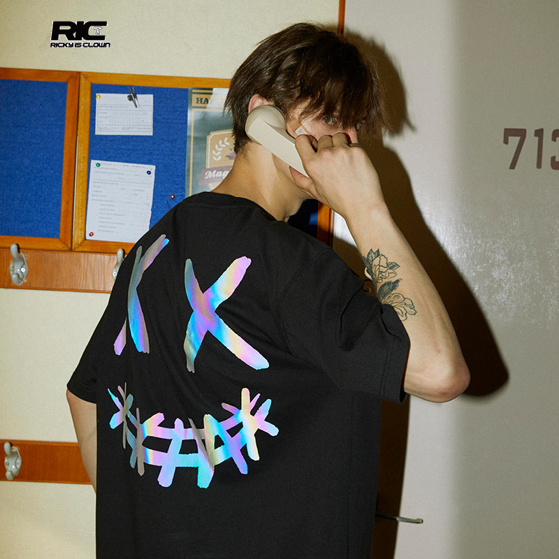 rickyisclownric小丑反光镭射撕裂笑脸短袖恤男潮牌情侣装t恤