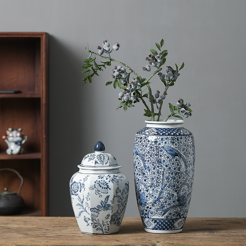 景德镇陶瓷青花瓷花瓶喜上眉梢中式储物罐客厅装饰复古插花花瓶