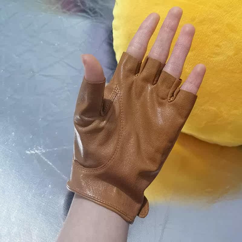 短指真皮手套女半指春夏方扣纯羊皮无指骑黑色行车薄触屏露手潮流