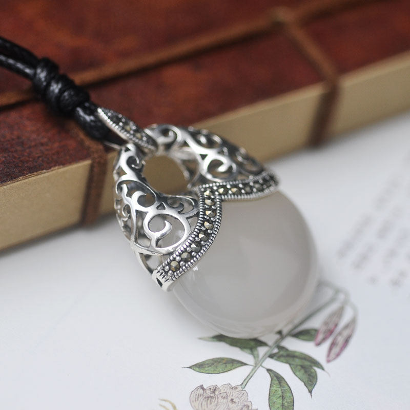 纯银银玉蓓蕾毛衣链女白玉水滴吊坠百搭长款项链