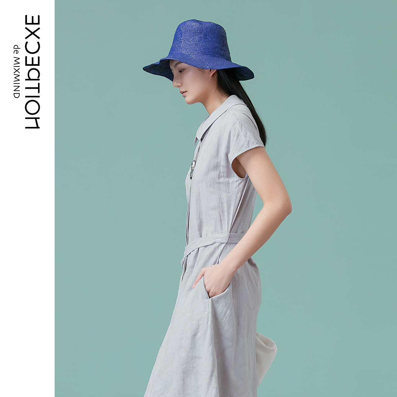 exception例外原创年夏季新款 提花简洁衬衣连衣裙翻领绑带修身裙