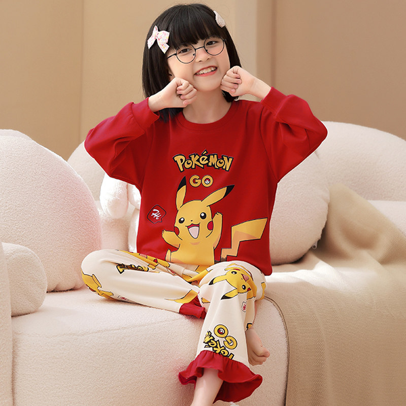 女童睡衣纯棉长袖过年新款皮卡丘可爱小女孩红色家居服套装