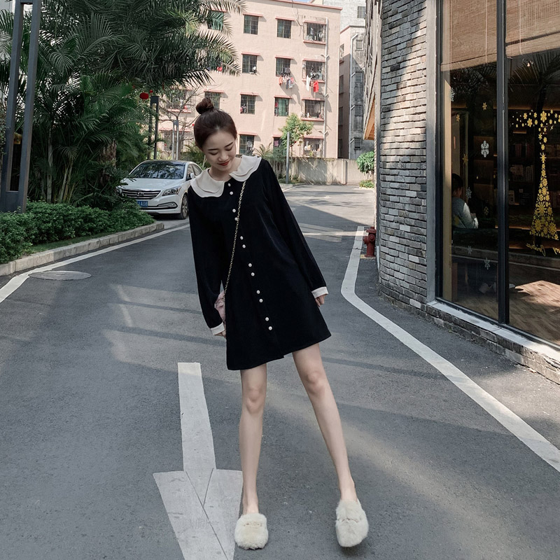 法式小黑裙女春秋装复古裙子中长款黑色娃娃领长袖衬衫连衣裙春款