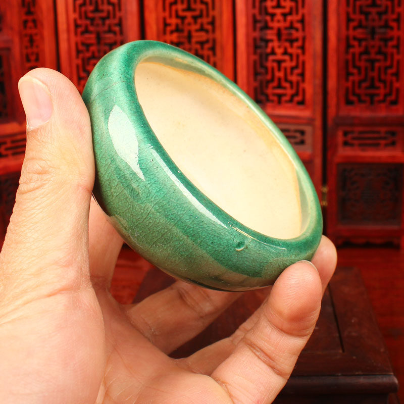 花盆万园石湾小品石湾老小圆冰裂彩釉精品盆栽花盆