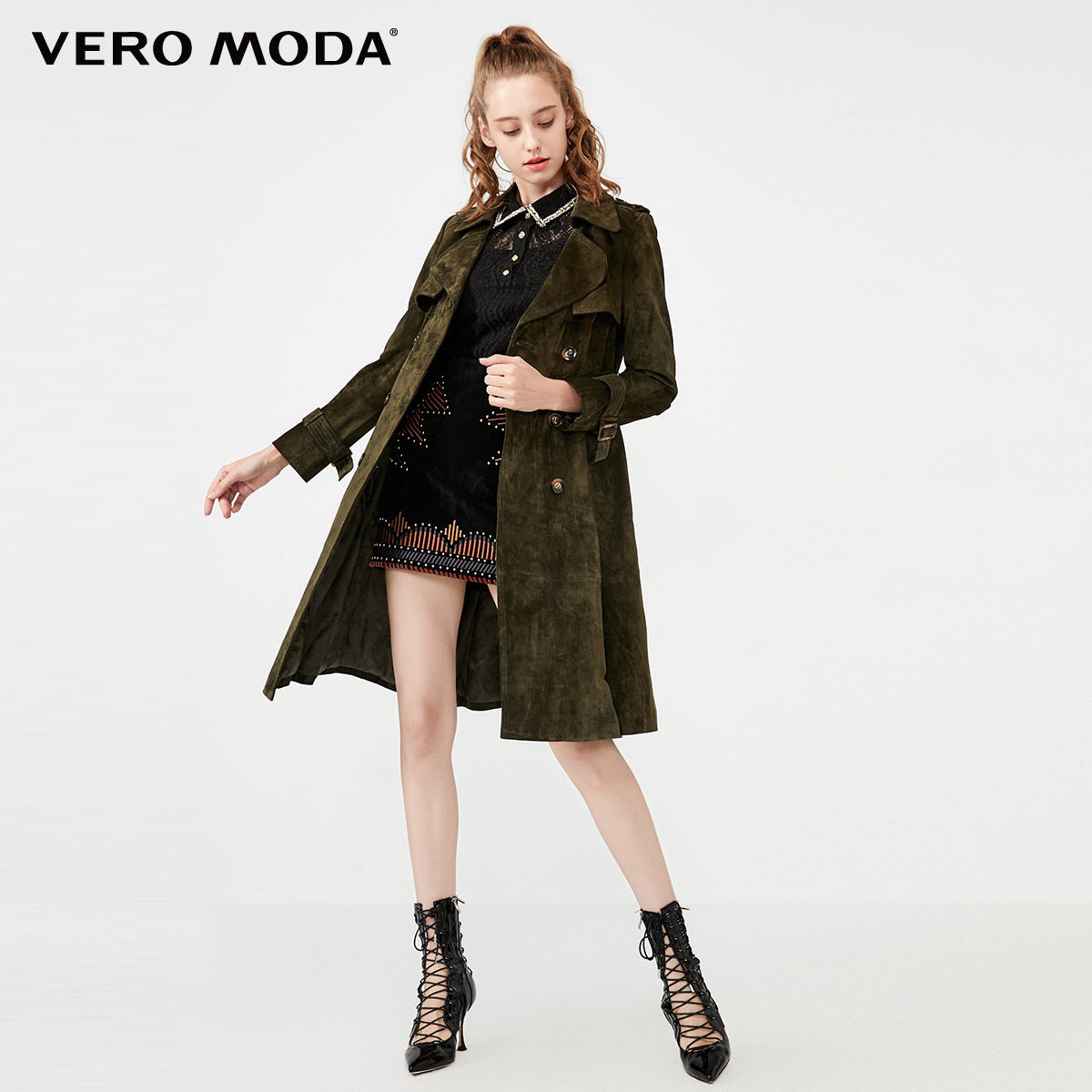 2件5折veromoda风挡设计猪皮皮革中长皮衣皮衣