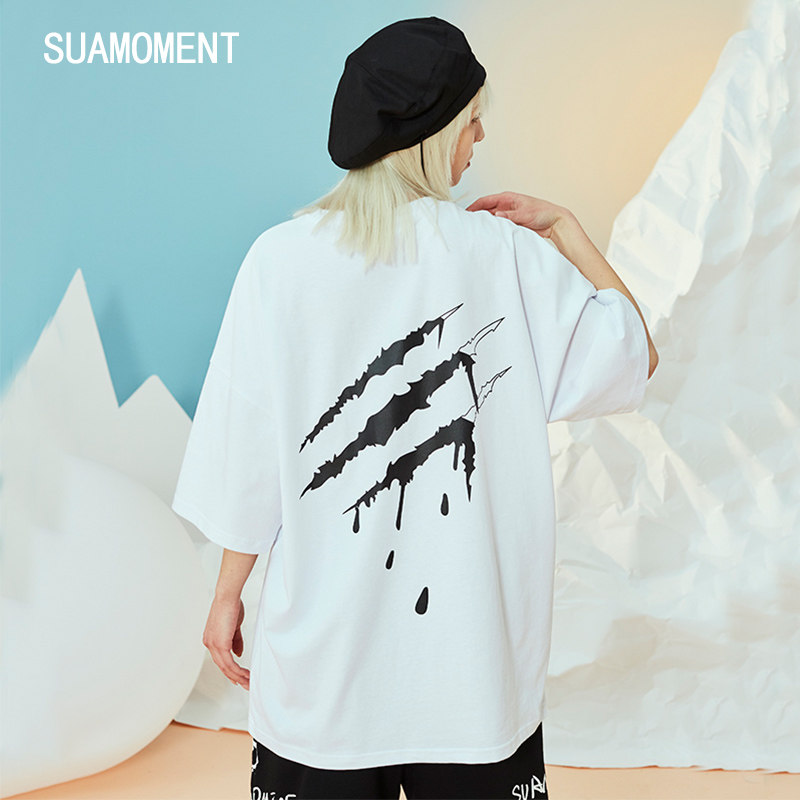 suamoment抓痕脱落短袖街头嘻哈宽松潮流印花纯棉t恤
