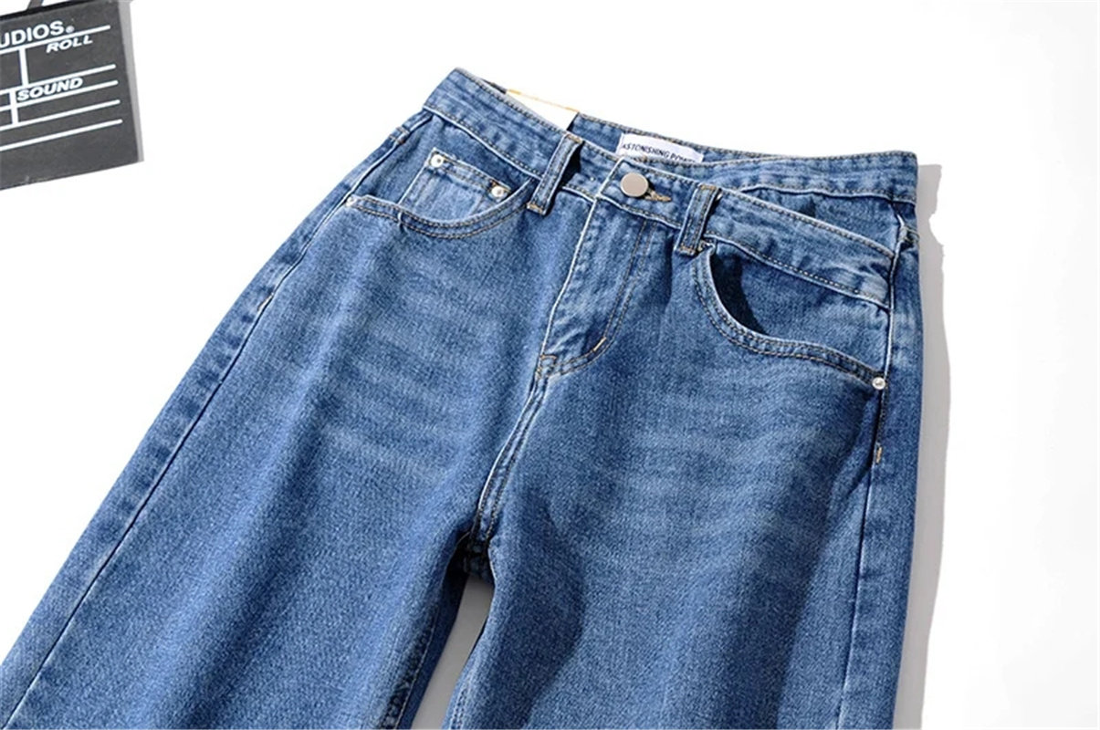 设计感交叉腰头直筒牛仔裤2021新款宽松百搭浅色牛仔裤