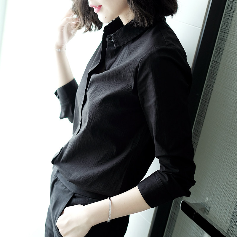 帅气职业洒脱黑色纯色翻领衬衣女士休闲长袖衬衫女秋季新款上衣