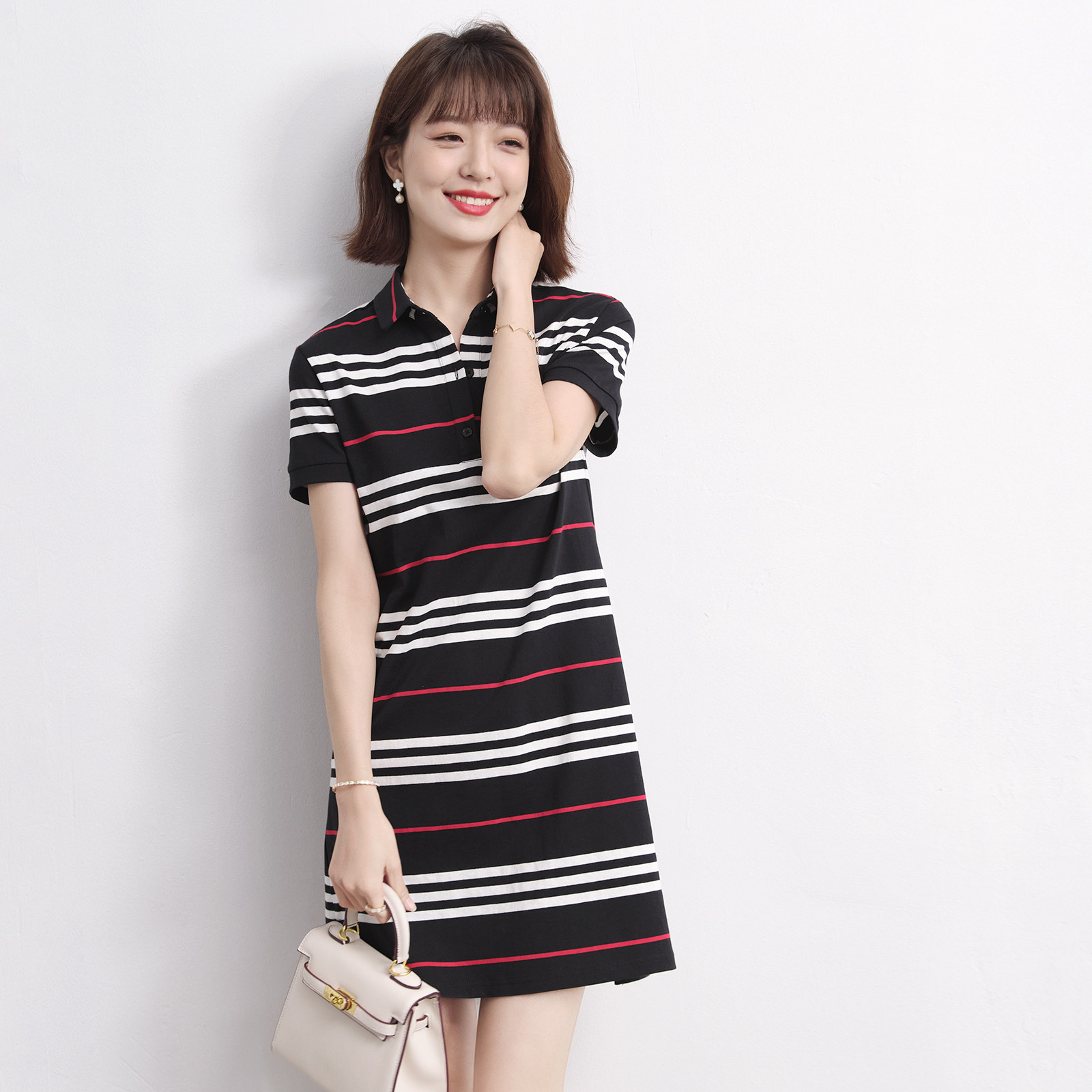 轻熟俏皮气质条纹短袖翻领连衣裙女春夏收女神范连衣裙