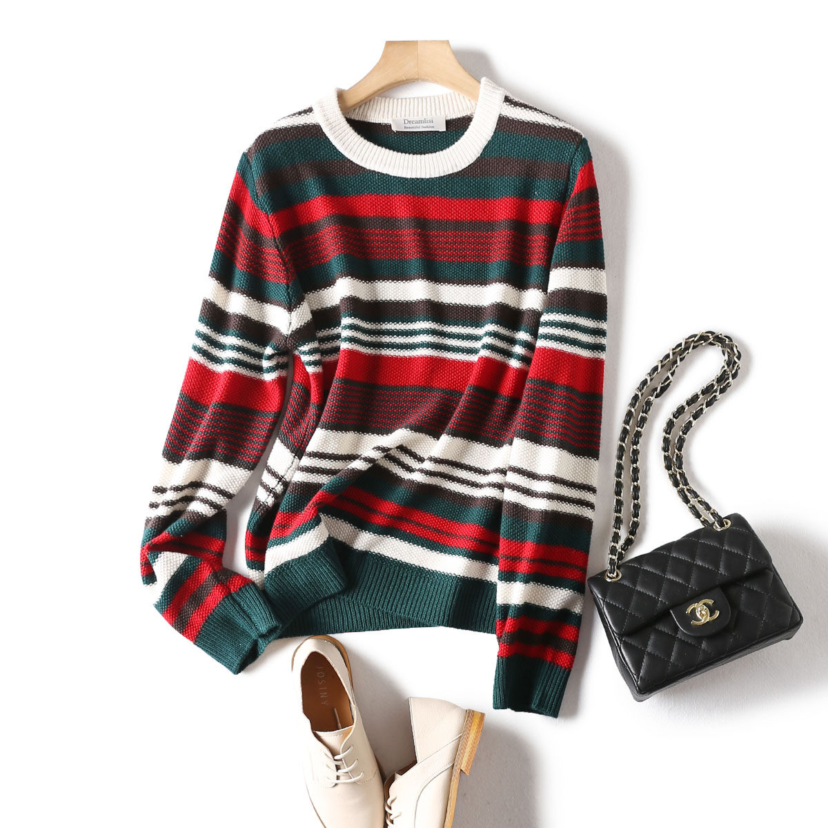 超美美的配色粗细撞色条纹粗针羊毛针织混纺毛针织衫