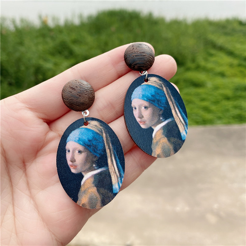 梦良戴珍珠珍珠耳环少女木质几何耳饰银针耳钉耳环