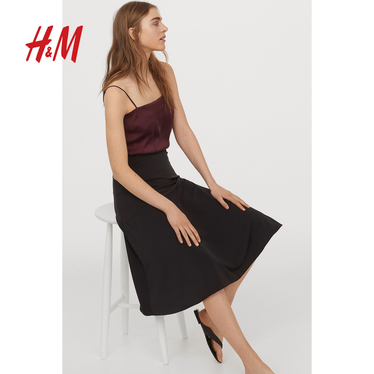 hm女装裙子女裙2020夏装新款气质中长黑色半身裙