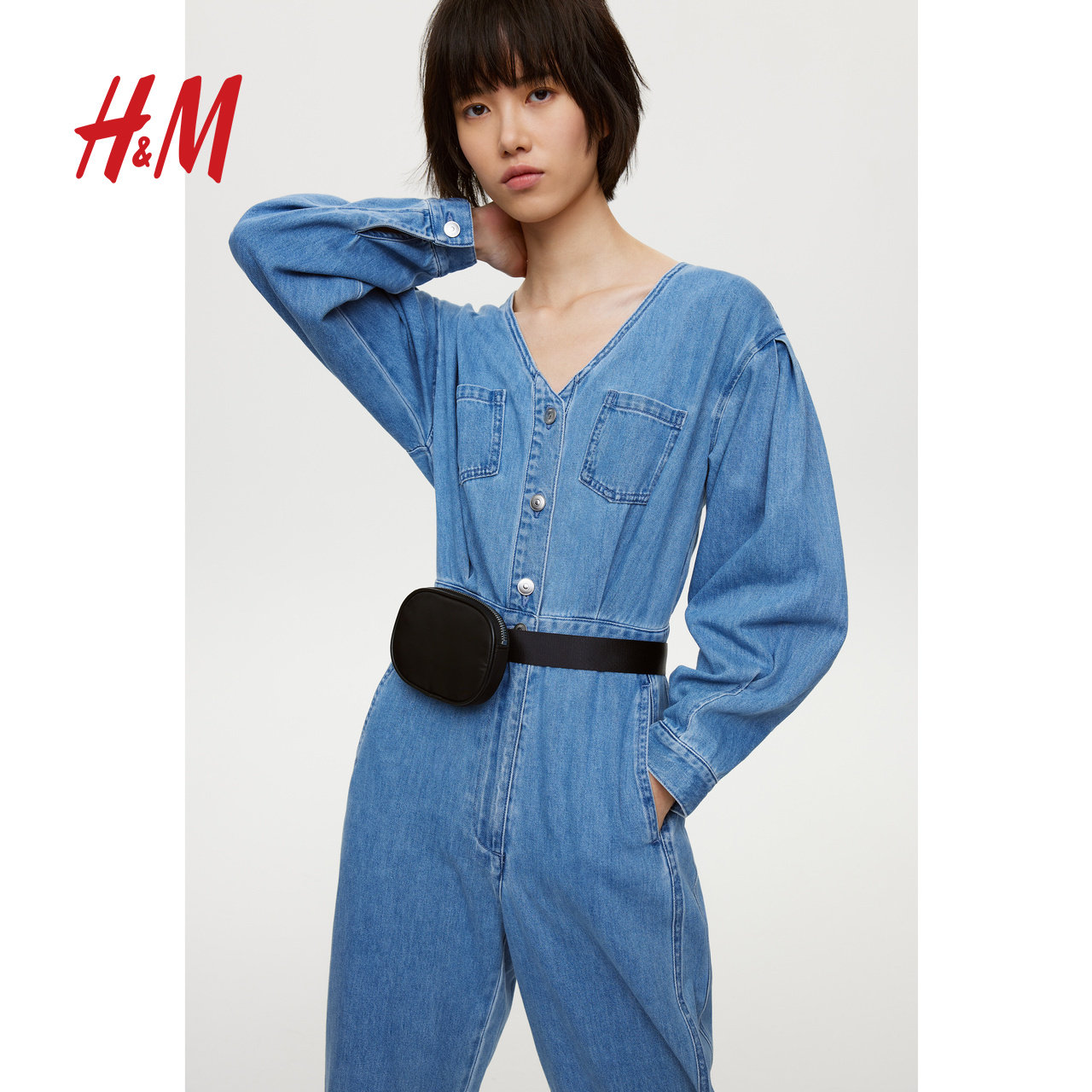 牛仔hm女装连体2021春装新款高腰连身0941025连体衣