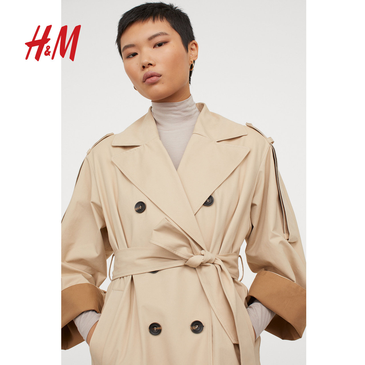 风衣hm女装女外套2020冬装新款简约大气棉质风衣