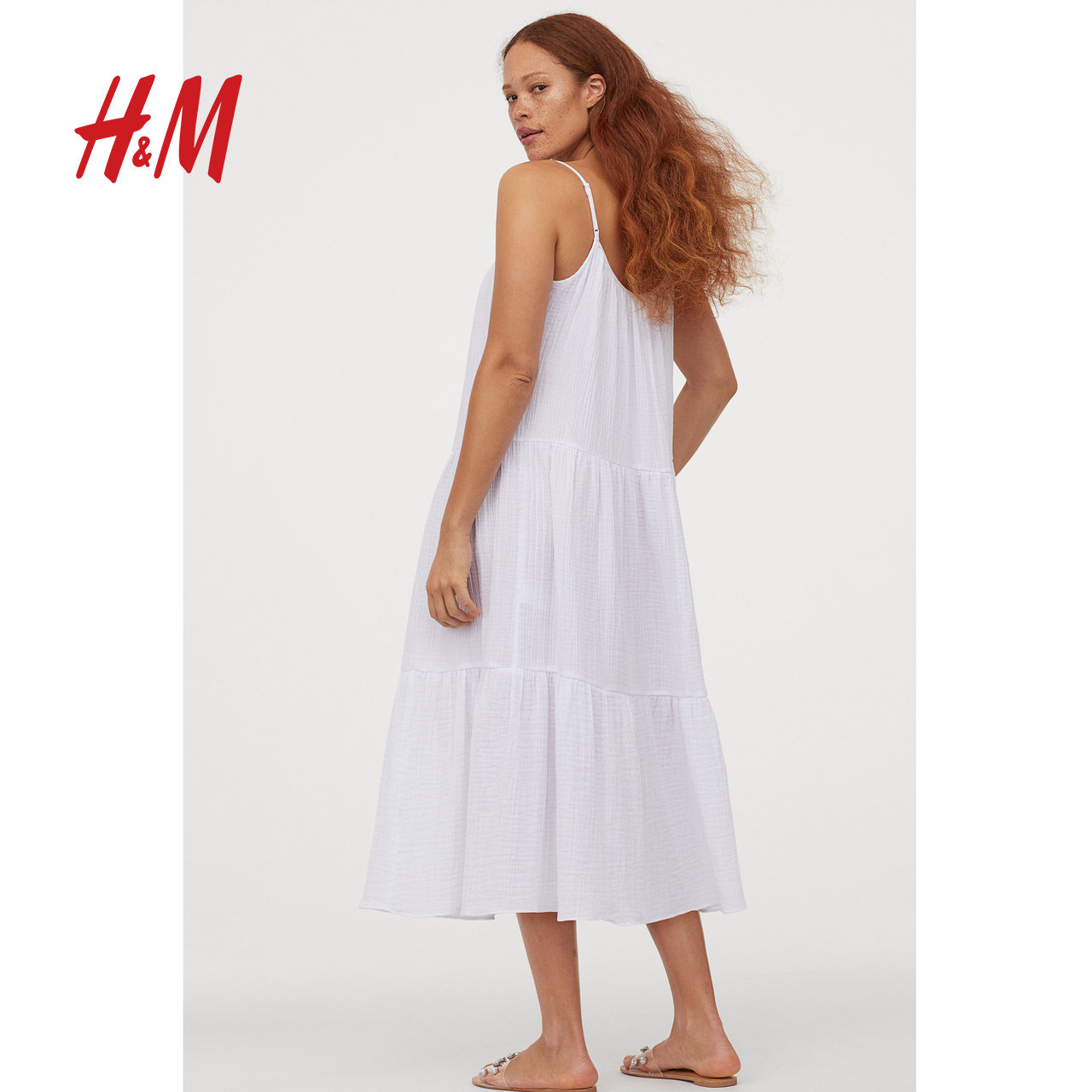 hm女装裙子长裙2020新款吊带中长白色小清新连衣裙