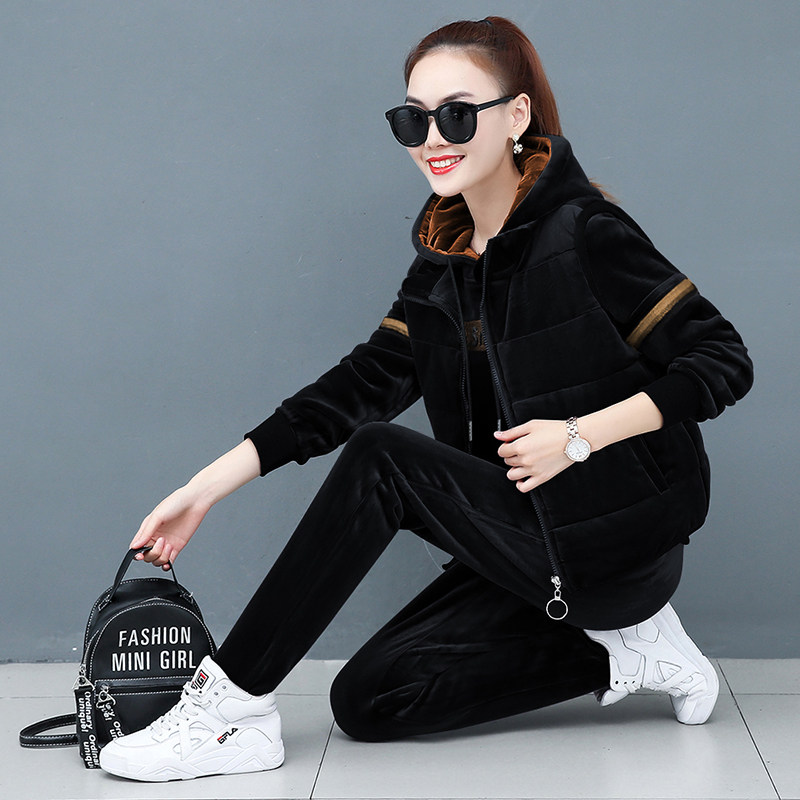 休闲运动服套装女冬季2019新款时尚加绒加厚保暖长袖卫衣三件套潮