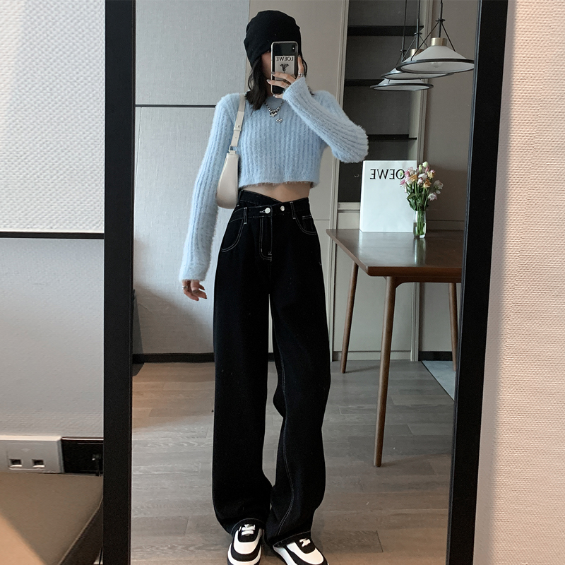黑色牛仔裤女直筒宽松夏季2022年新款显瘦拖地高腰阔腿设计感裤子