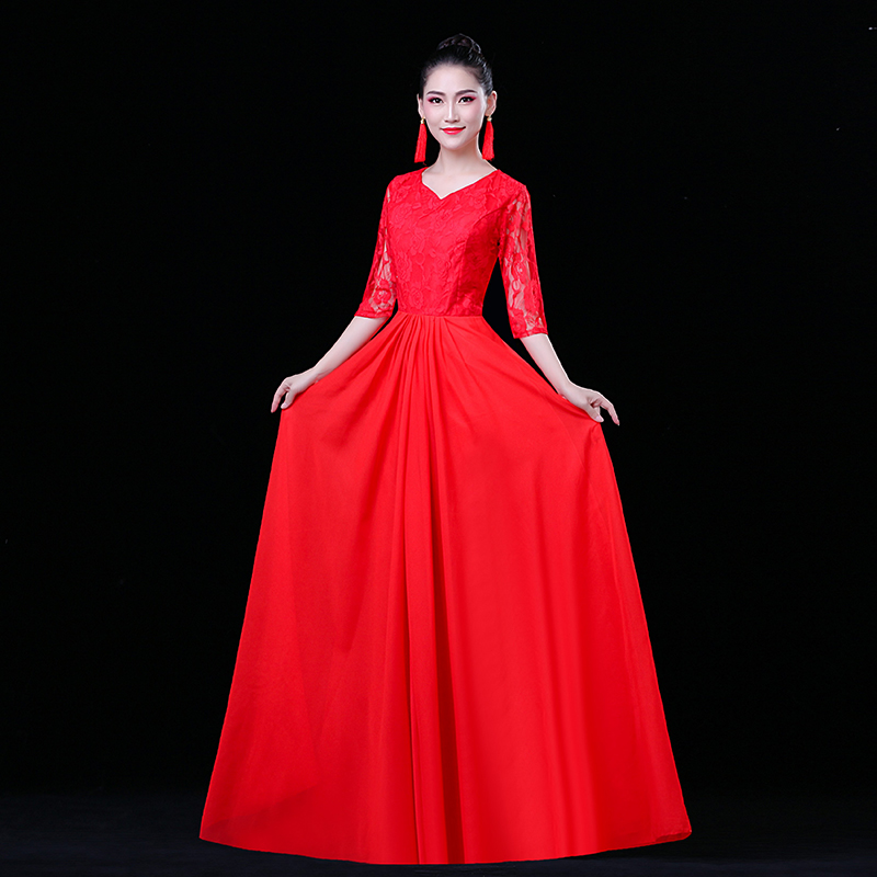 大合唱合唱团演出服女红比赛长裙服装中国国风学生民族服装