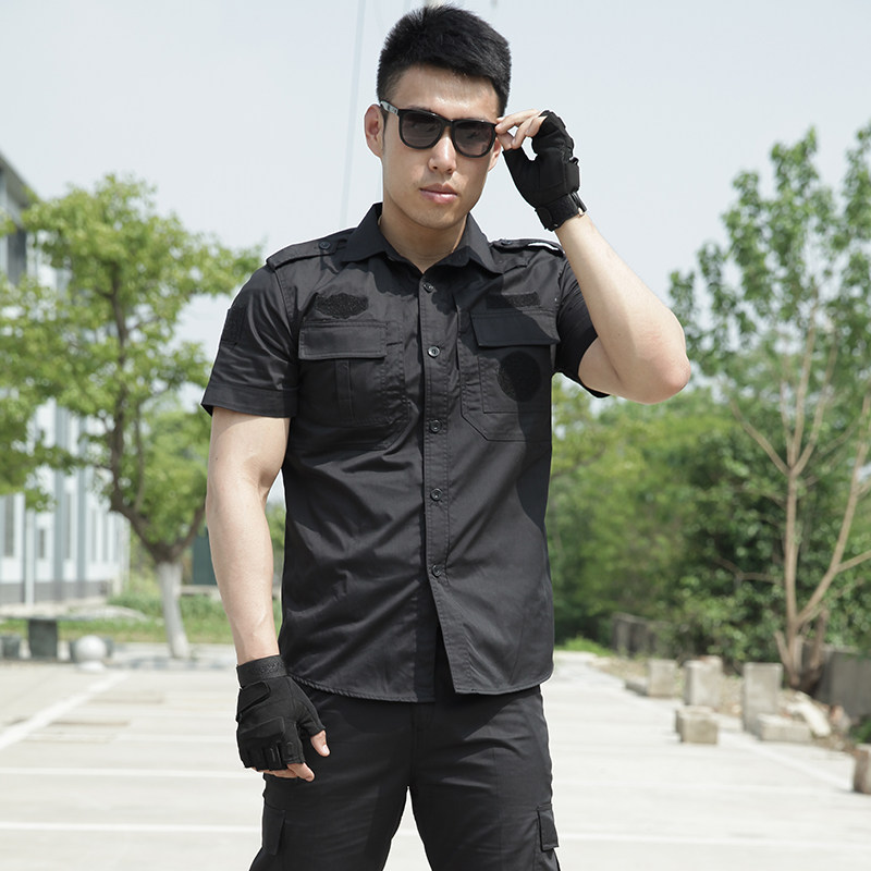 狼石黑色保安工作服军装男士春夏季长短袖安检作训服工装制服多袋