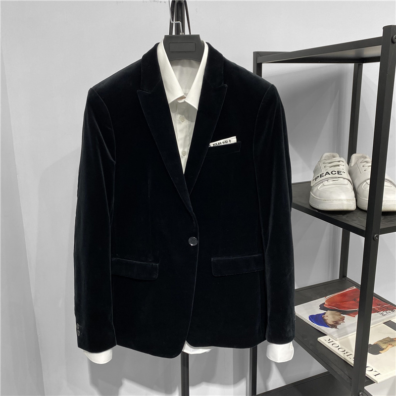 鸟系秋冬款男士韩版修身单扣休闲丝绒西服青年纯黑色西装时尚单西