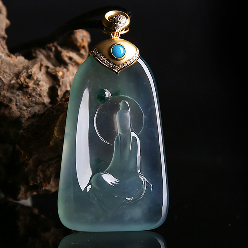 羊子珠宝 心醉之玉 大师雕老坑起莹起胶飘蓝花无相观音随身佛翡翠