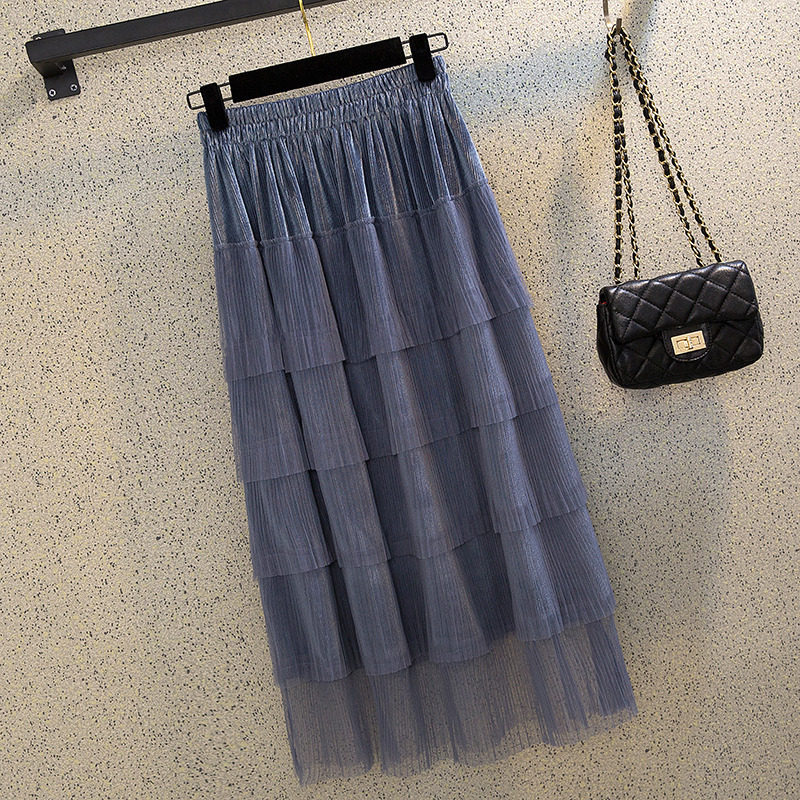 2019秋冬新款蛋糕裙网纱半身裙高腰中长款百褶a字仙女裙半截裙子
