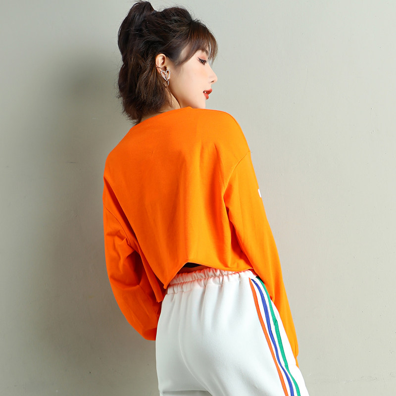 橙色宽松打底高腰上衣短款女装长袖秋季春秋t恤
