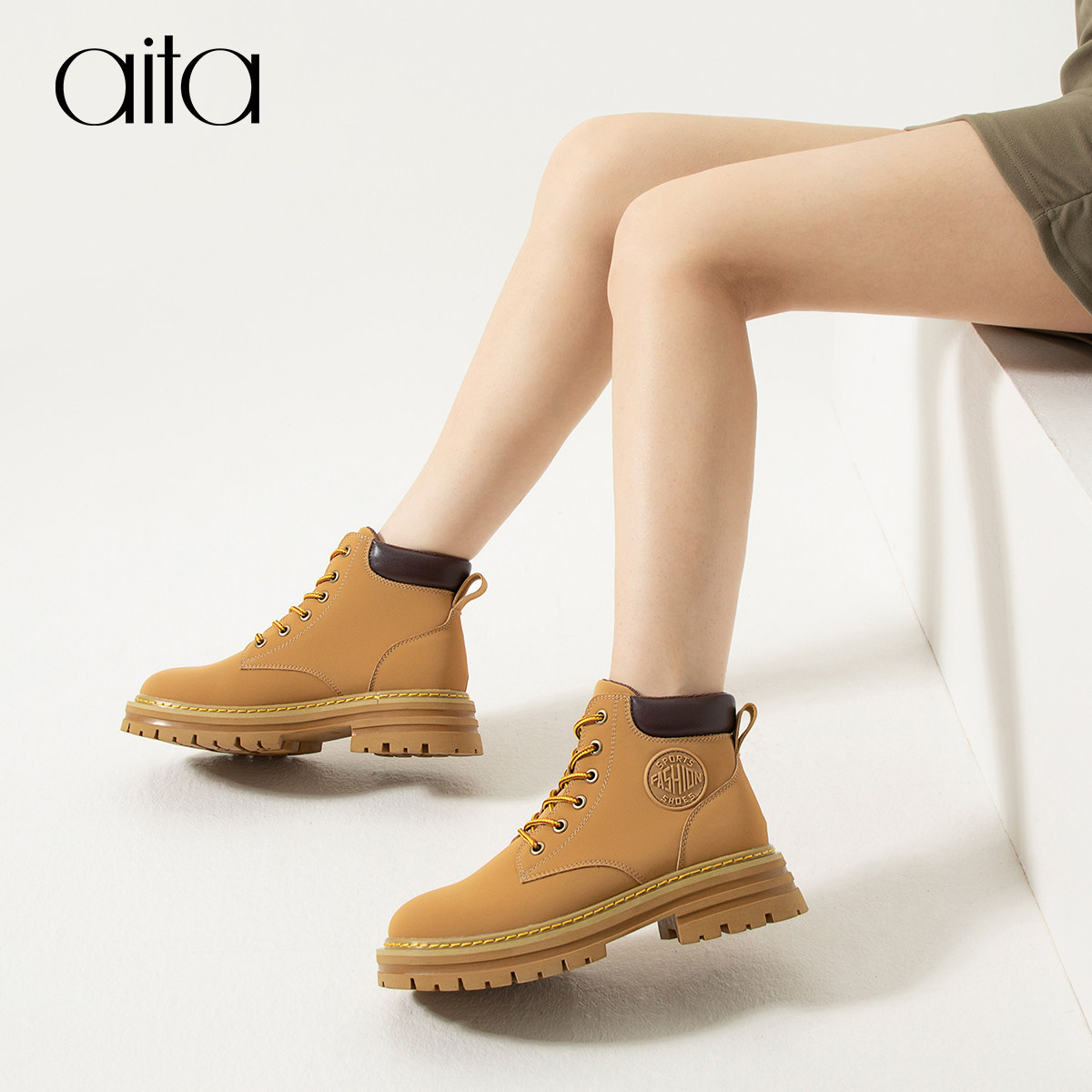 aita艾塔马丁靴女2022秋季新款英伦大黄机车马丁靴